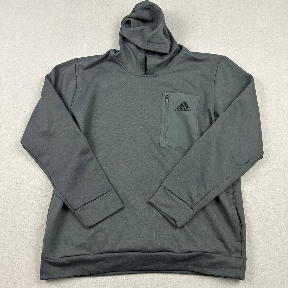 Adidas Hoodie Men Extra Large Gray Solid Trefoil Pullover Sweatshirt Zip Pocket